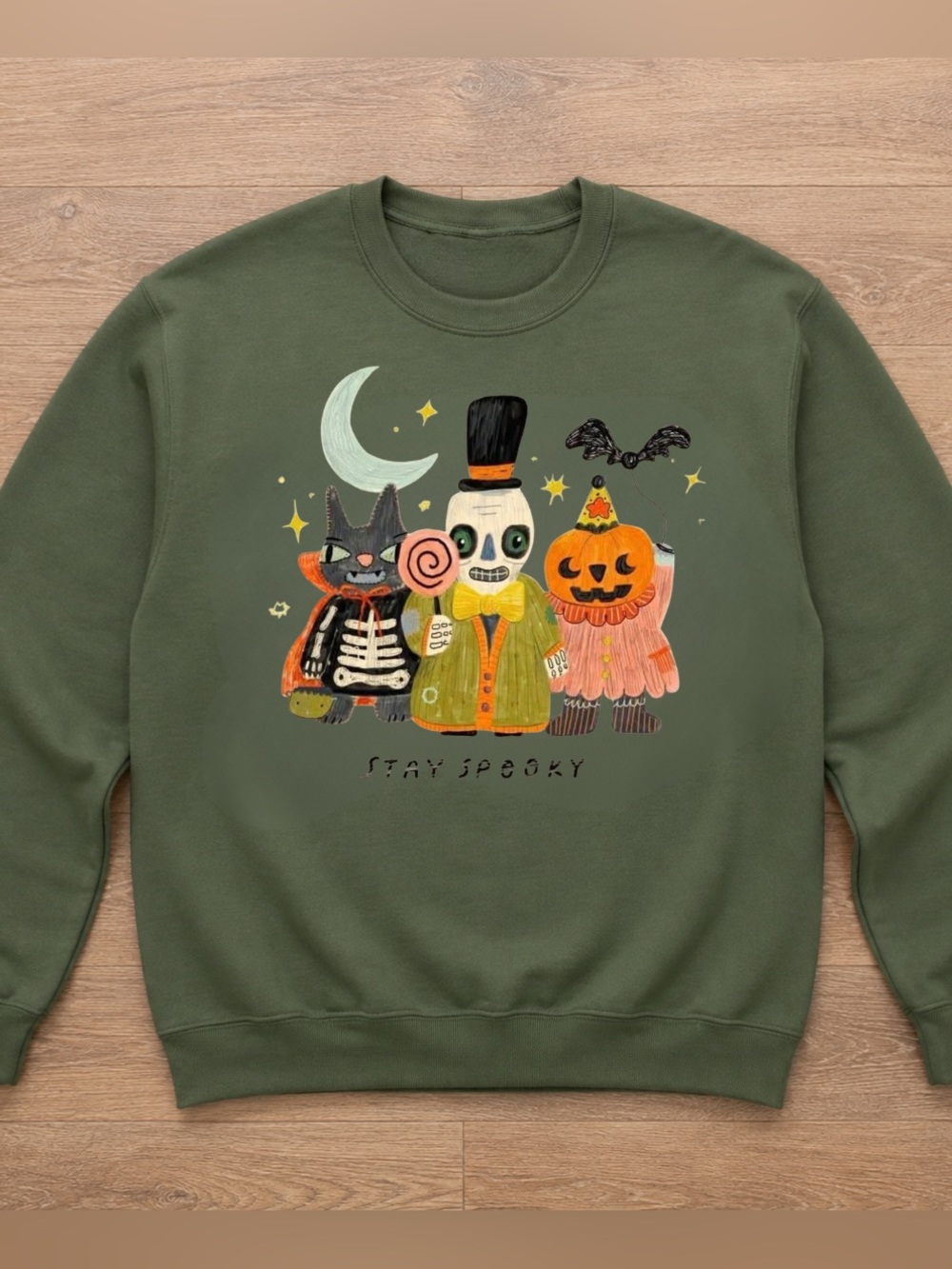 Stay Spooky Forest Green, Halloween Skeleton Graphic Sweatshirt, Vintage Style